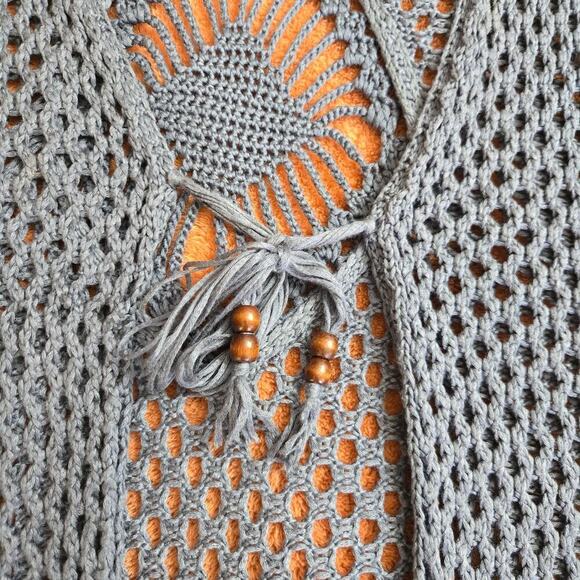 Artesia Womens Boho Crochet Duster Cover-up Size M Blue Beaded Open Knit Boho - Picture 8 of 12